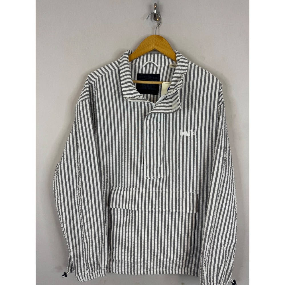 Levis Mens Seersucker Quarter Zip Pullover Stripe Jacket Grey White Large NWT